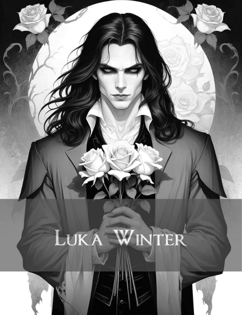 May include: A black and white illustration of a man with long black hair, wearing a dark suit and holding a bouquet of white roses. The text "LUKA WINTER" is at the bottom of the image.