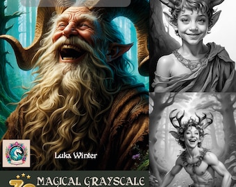 Happy Fauns | 30 magical grayscale coloring pages | Fantasy Art | Faun | Adult Coloring Pages | Printable PDF | Instant Download