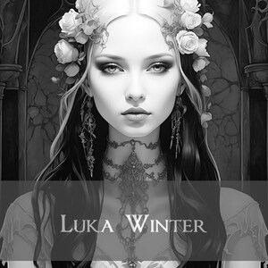 May include: Black and white portrait of a woman with long dark hair wearing a flower crown and a delicate necklace. The text "LUKA WINTER" is visible at the bottom of the image.