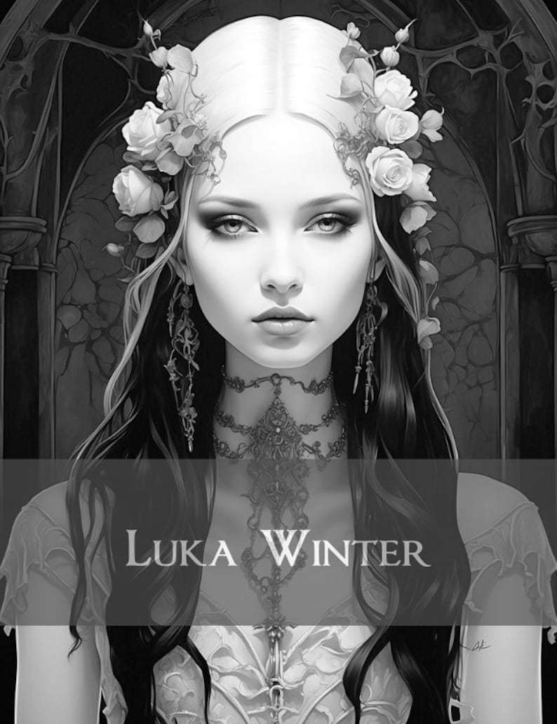May include: Black and white portrait of a woman with long dark hair wearing a flower crown and a delicate necklace. The text "LUKA WINTER" is visible at the bottom of the image.