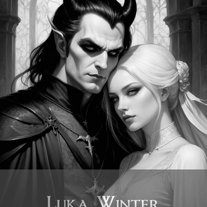 May include: A black and white illustration of a man with horns and a woman with long blonde hair. The man is wearing a dark cloak and the woman is wearing a white dress. The text "LUKA WINTER" is at the bottom of the image.
