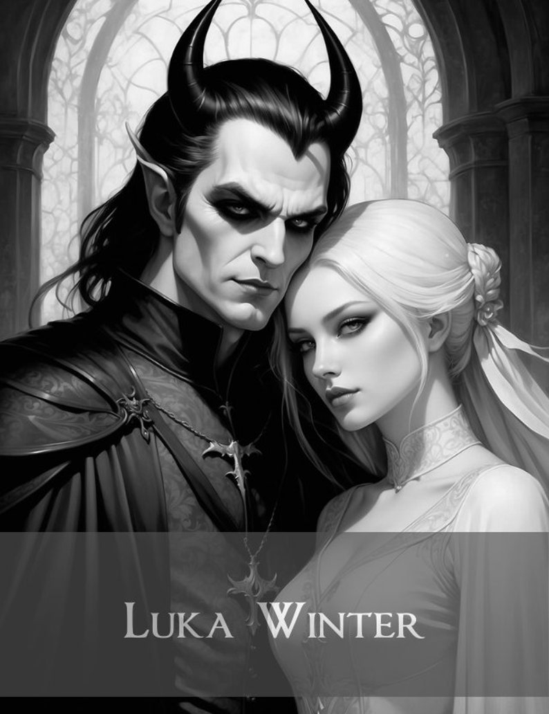 May include: A black and white illustration of a man with horns and a woman with long blonde hair. The man is wearing a dark cloak and the woman is wearing a white dress. The text "LUKA WINTER" is at the bottom of the image.