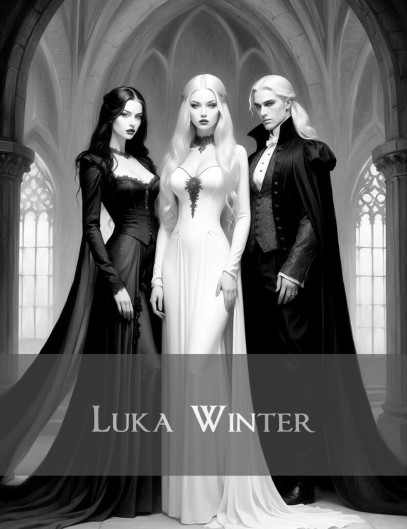 May include: Three figures in a gothic setting. A woman in a black gown stands on the left, a woman in a white gown stands in the center, and a man in a black suit and cape stands on the right. The text "LUKA WINTER" is at the bottom of the image.