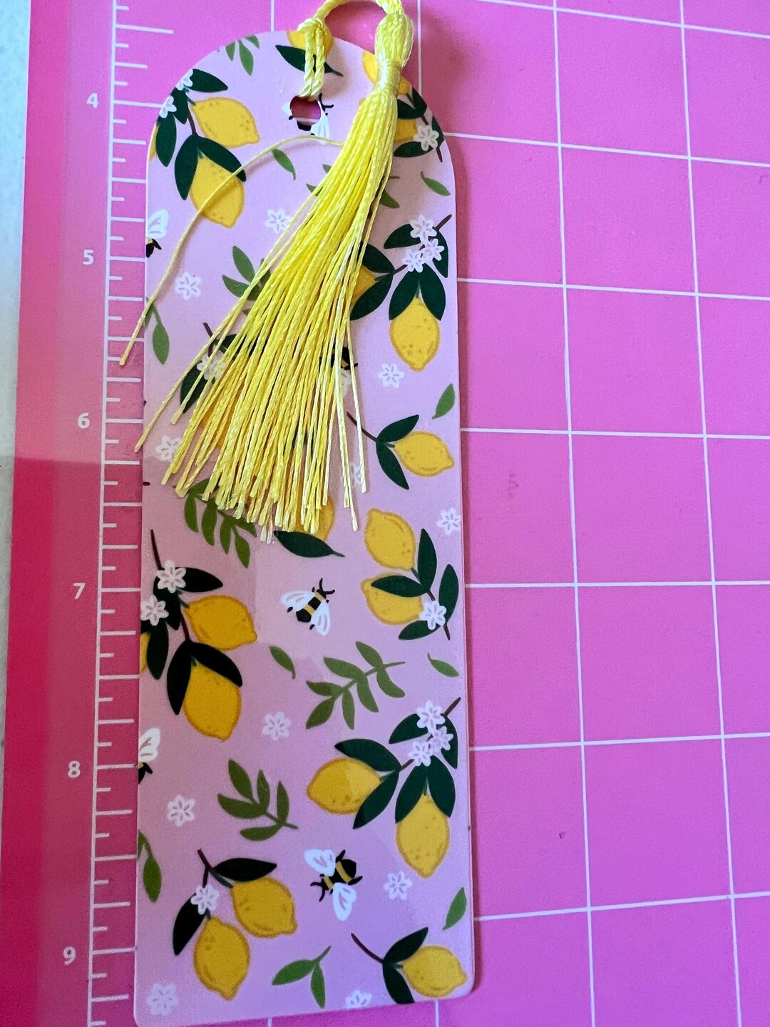 Laminated Lemons and Bees Bookmark on a Pink Background With Tassel - Etsy