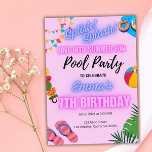 Editable Pool Party Invitation: Girl&#39;s Summer Birthday (Digital)