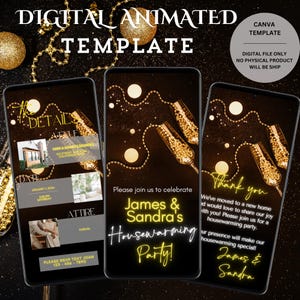 Digital Housewarming Party Invitation, Animated House Warming Invite For Women, Gold New Apartment Home Evite, Self Editable Template Ecard