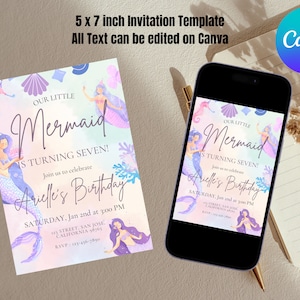Editable Mermaid Birthday Invitation, Mermaid Birthday Invite, Girls Under The Sea Party, Instant Download
