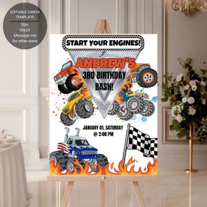 Monster Truck Birthday Welcome Sign - digital 18x24 Party Poster, editable birthday party template