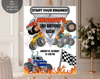 Letrero de cumpleaños de Monster Truck: Póster editable para fiesta (plantilla digital de 18 x 24)