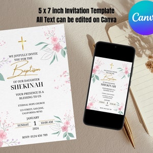Baptism Invitation Template, Pink Baptism Invitation, girl baptism invitation, Christening, Modern, Editable, Instant Download, Minimalist