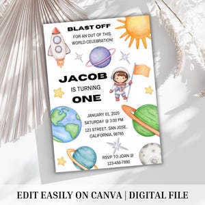 Editable Outer Space First Birthday Invitation Galaxy Blast Off First Trip Around the Sun Download Printable Template Digital Canva
