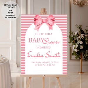 Pink Bow Baby Shower Sign: Editable Watercolor Template (18x24 inch)