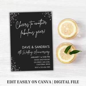 Editable 25th Wedding Anniversary Invitation Template - Elegant Black and Silver Theme - Cheers to Another Fabulous Year - Digital Download