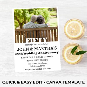 Invitación fotográfica editable para el 50.º aniversario de bodas / Plantilla minimalista para el aniversario de bodas de plata / Descarga digital / Canva fácil de editar