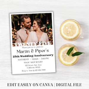 Bearbeitbar 25. Hochzeitstag Fotoeinladung | Minimale Silberhochzeit Jahrestag Einladen Vorlage | Digitaler Download | Einfache Bearbeitung Canva