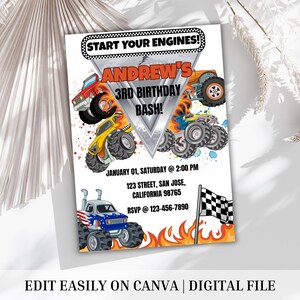 Monster Truck Birthday Invitation- digital 5x7 invitation, editable birthday party template
