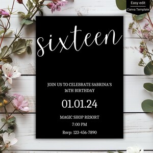 Élégante invitation du 16e anniversaire en noir et blanc, modèle personnalisable de fête du 16e anniversaire, édition orientale sur toile, téléchargement numérique, evite