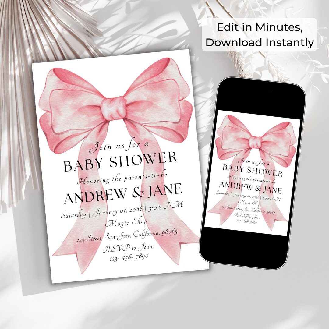 Blush Pink Bow Baby Shower Invitation Template, Baby Girl Shower ...
