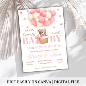 Editable Teddy Bear Hot Air Balloon Baby Shower Invitation Girl Pink Teddy Bear Baby Shower We Can Bearly Wait Shower Instant Download