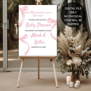 EDITABLE Pink Bow Sign for Baby Shower, Minimalist Baby Shower Pink Watercolor Ribbon Blush Pink 1st Birthday Digital Template Poster Board