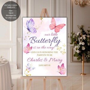 Butterfly Baby Shower Sign, Butterfly Baby Shower Poster for Girl, Editable Purple Gold Butterfly Baby Shower Board