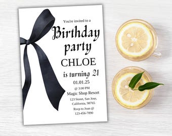 Convite de aniversário de 21 anos com laço preto: Modelo editável no Canva (Download digital)