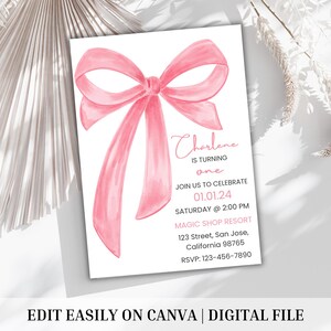 Pink Bow 1st Birthday Invitation: Coquette Party Template (Digital Download)