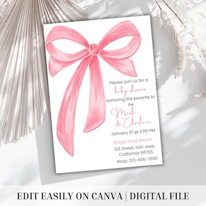 Pink Bow Baby Shower Invitation Template Printable, Baby Girl, Pink Coquette Baby Shower Invite, Baby Shower Invitation Girl Coquette Bow