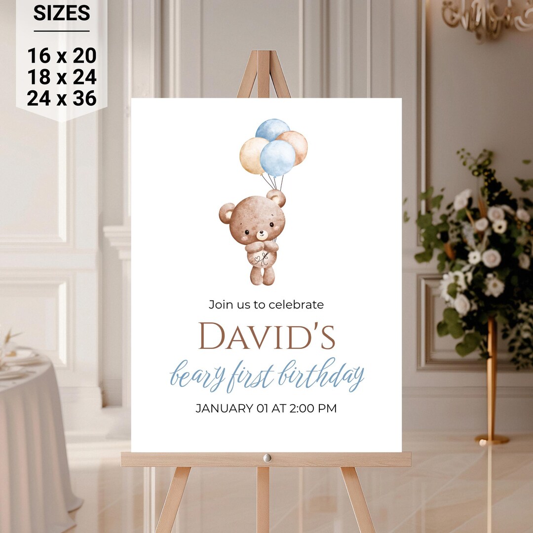 Beary First Birthday Sign, Teddy Bear Birthday Poster, 1st Birthday Boy ...