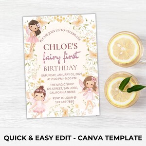 Editable Fairy 1st Birthday Invitation Enchanted Fairy First Birthday Garden Party Printable Invite Muted Blush Boho Wildflower Download 