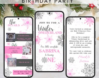 Animated Winter Onederland First Birthday Invitation Video | Pink Silver Snowflake Digital Evite BP07