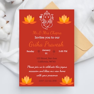 Faire-part Griha Pravesh : faire pendaison de crémaillère indienne Pooja (numérique)