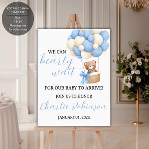 Blue Bear Balloon Baby Shower Welcome Sign (Editable Canva Template)