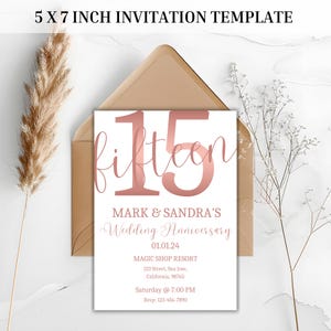 Rose Gold 15th wedding anniversary template | Minimalist Pink Crystal Wedding Celebration Invite fifteen Anniversary milestone