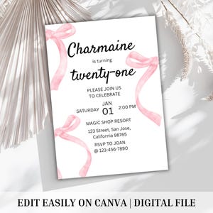 Coquette Pink bow  21st Birthday Invitation Girl | Mobile 21st Birthday Dinner Invite Fancy Birthday Invite twenty-one Sleepover Invitation