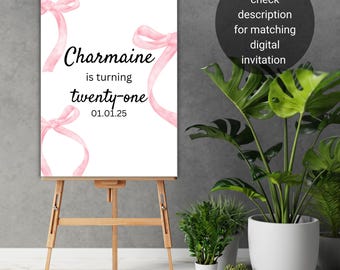 Pink Bow 21e verjaardag welkomstbord, Coquette roze lint poster