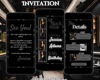 All Black Affair Birthday Video Invitation, Modern Birthday Celebration, 3-Page Digital Invite, Smartphone Template