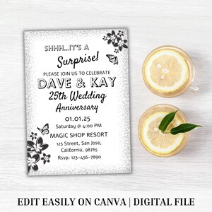 25th Anniversary Invitation Template: Surprise Silver Glitter (Digital Download)