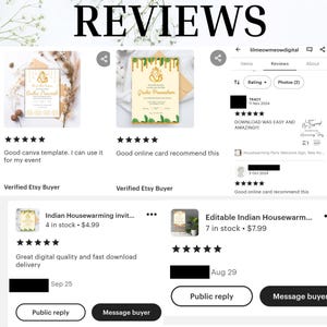 May include: Five star reviews for an Indian housewarming invitation template. The template features a gold and green design with a traditional Indian motif. The reviews highlight the ease of download and the quality of the design.