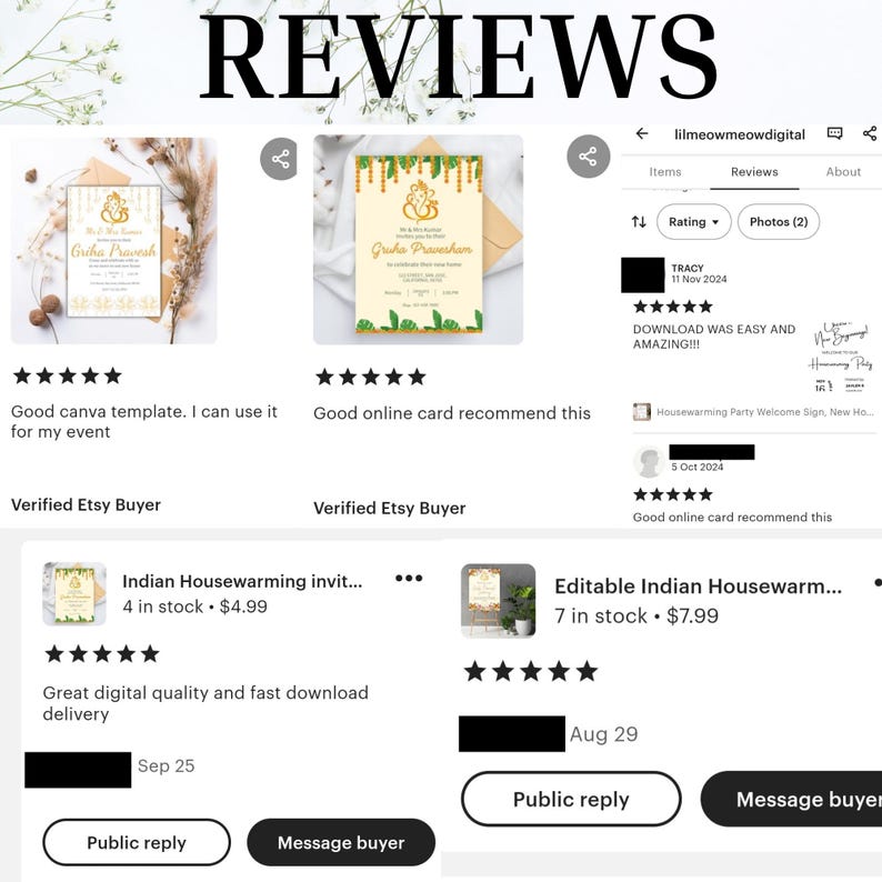May include: Five star reviews for an Indian housewarming invitation template. The template features a gold and green design with a traditional Indian motif. The reviews highlight the ease of download and the quality of the design.
