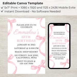 Pink Bow Birthday Invitation: Coquette 1st Birthday, Editable Template (Digital Download)