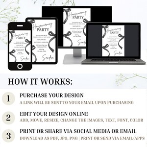 May include: A black and white housewarming party invitation with a black ribbon bow. The invitation text reads "Housewarming Party" and includes the date, time, and location of the party. The invitation is designed to be printed and shared via social media or email.