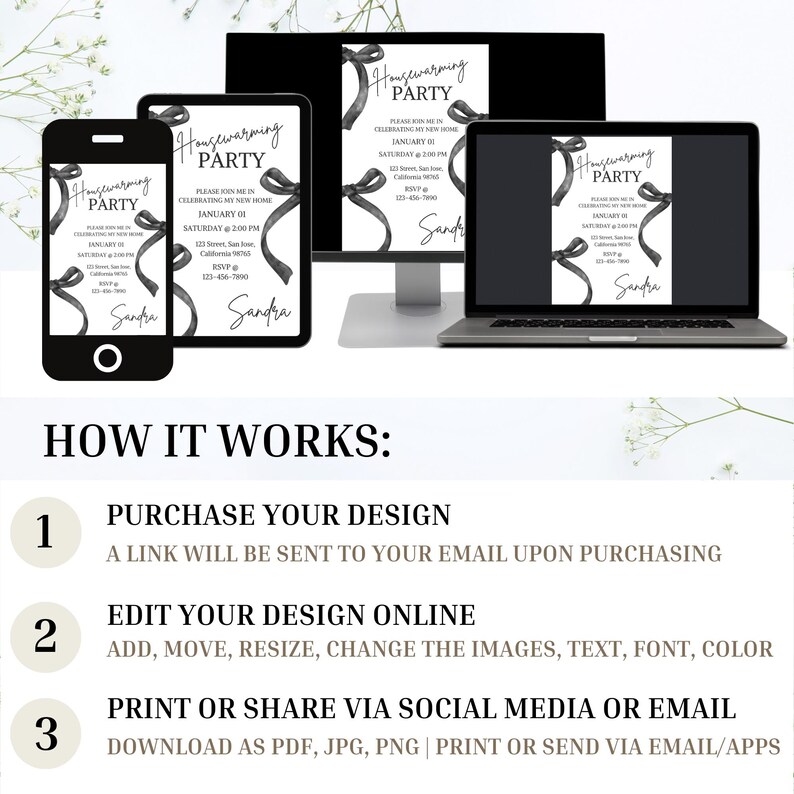 May include: A black and white housewarming party invitation with a black ribbon bow. The invitation text reads "Housewarming Party" and includes the date, time, and location of the party. The invitation is designed to be printed and shared via social media or email.