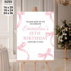 Pink Bow Birthday Welcome Sign: Coquette Party Decor (Digital Download, Canva Template)