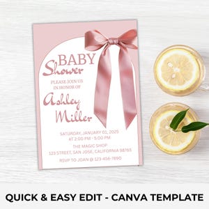 EDITABLE Pink Bow Invitation for Baby Shower, Minimalist Baby Shower Pink Watercolor Ribbon Blush Pink 1st Birthday Digital Template