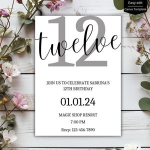 Convite de aniversário de 12 anos branco e preto, convite para jantar de comemoração de 12 anos, edição fácil no canva, download digital evite