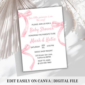 EDITABLE Pink Bow Invitation for Baby Shower, Minimalist Baby Shower Pink Watercolor Ribbon Blush Pink 1st Birthday Digital Template