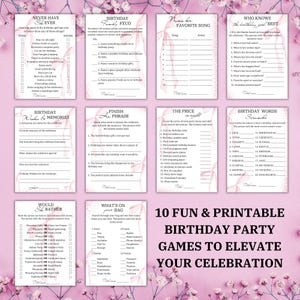 Juegos de cumpleaños para ella / Juegos de fiesta para adultos con lazo rosa / Tarjetas imprimibles de quién conoce mejor a la cumpleañera / Tarjetas de deseos de cumpleaños de Family Feud