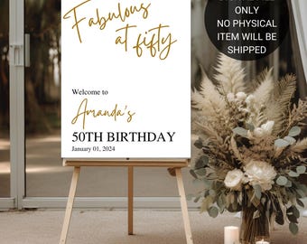 Fabulous at Fifty Birthday Sign, 50th Birthday Welcome Sign Template, Gold Script Editable Canva Poster, Digital Download Birthday Decor