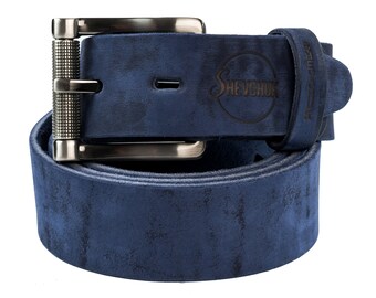 Blue Leather Belt with Roller Buckle, Unique Men's Gift, Handmade Accessory